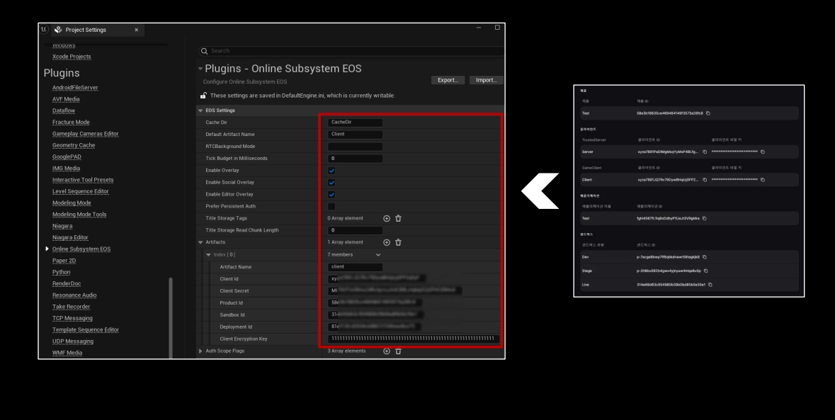 Project Settings의 Online Subsystem EOS 설정과 포털 크리덴셜 매핑
